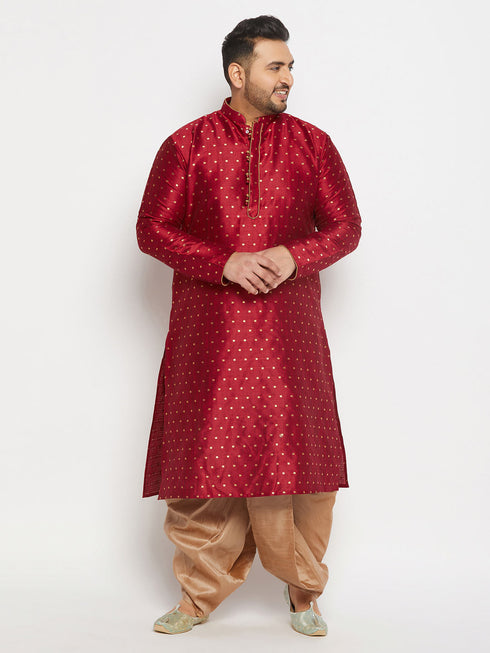 Vastramay Men's Plus Size Maroon Zari Weaved Kurta Dhoti Set